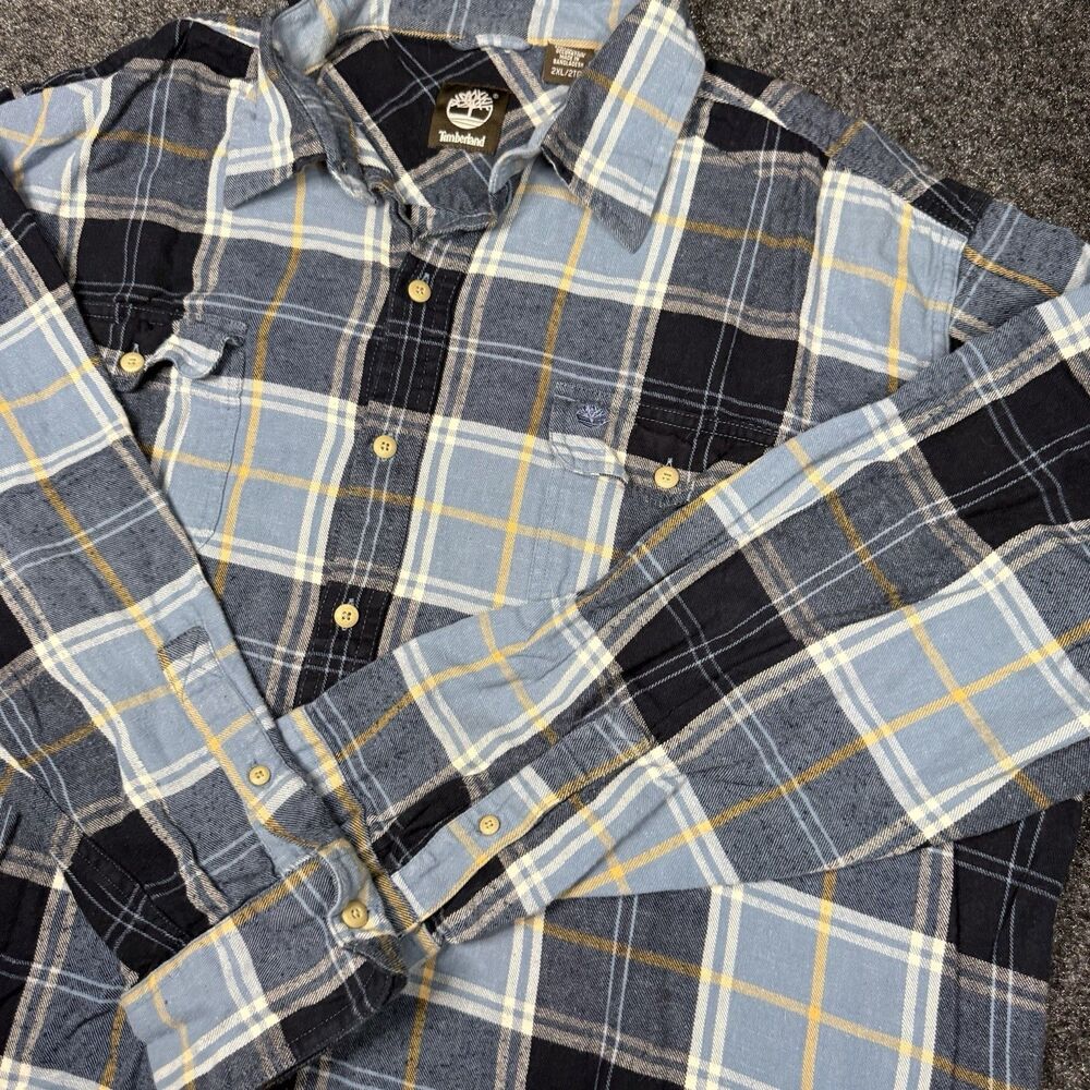 Timberland Plaid Flannel Shirt Light Dark Blue Yellow Button Up men’s XXL 2XL